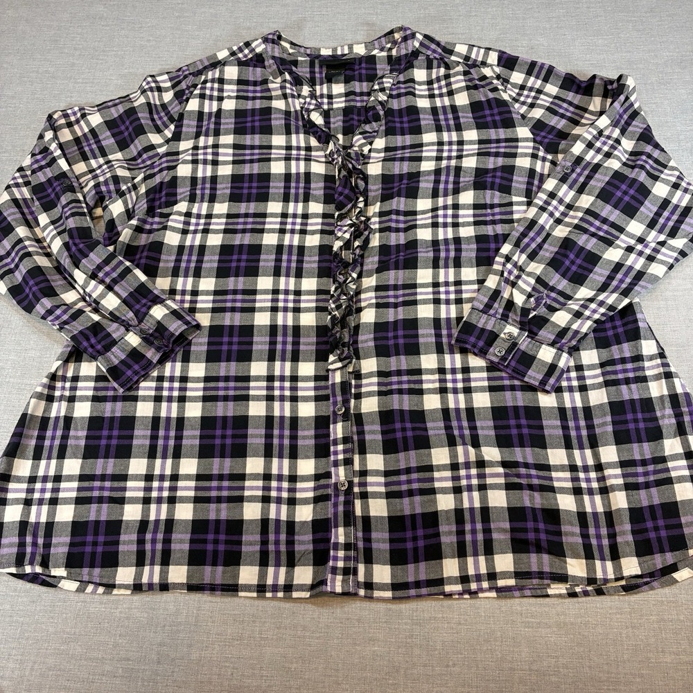 Lane Bryant Purple & Black Plaid Long Sleeve Button Up Ruffle Top 22/24